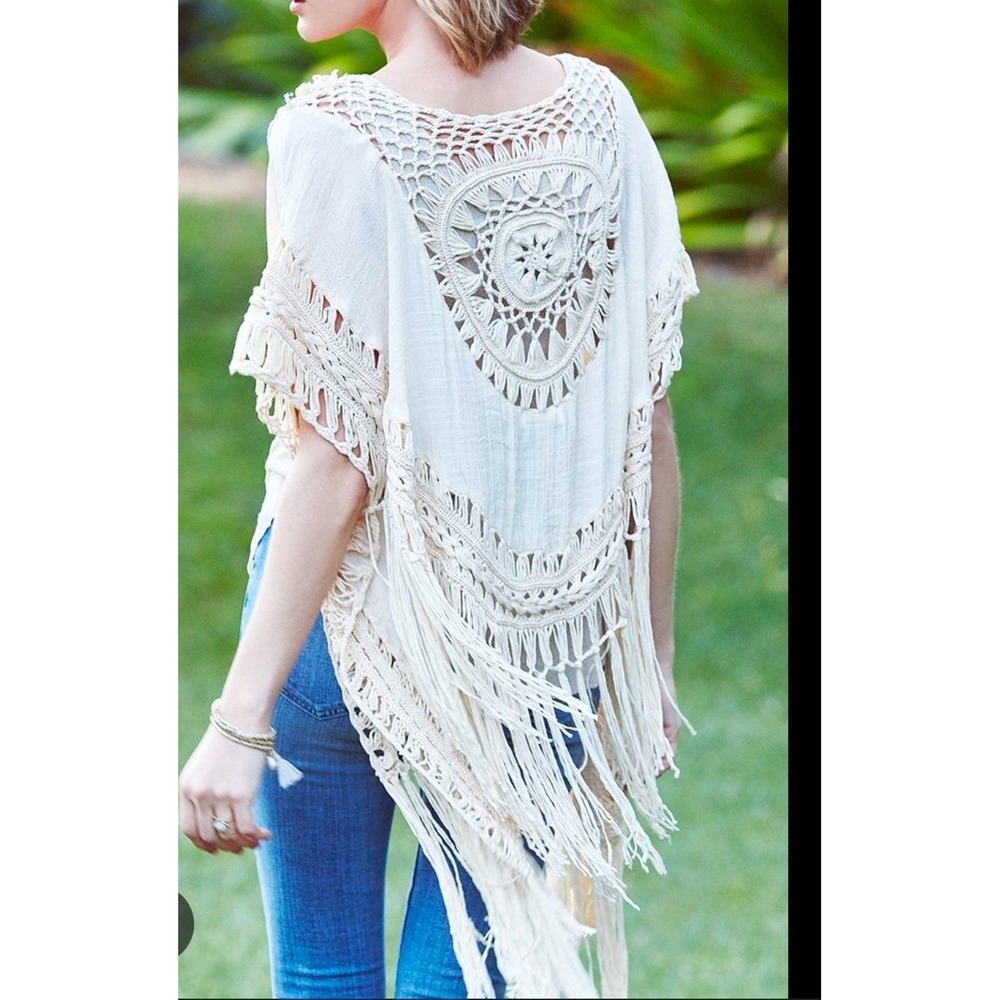Boho Crochet Kimono Cardigan With‎ Fringe Sweater Women's Size S/M Kori America